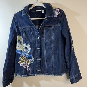 Chico’s Denim Jean Jacket Raw Hem Button Up Floral Appliqué Sz 1 Small Coat